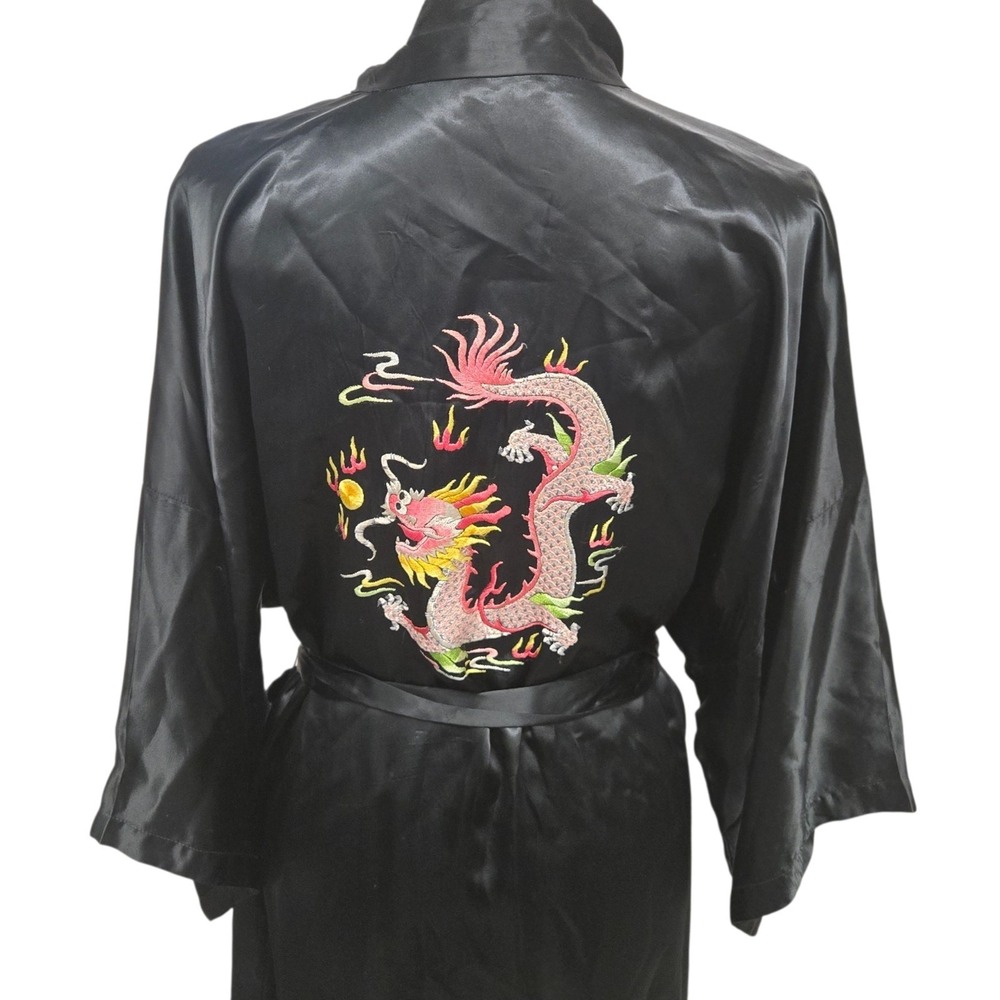 Vtg 90s Silver Lake Satin Embroidered Dragon Robe Kimono Style Women's XL Black